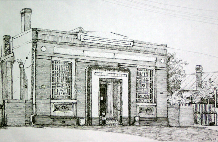 Malerei mit dem Titel "Bank Building Dumbl…" von Scally Art, Original-Kunstwerk, Öl
