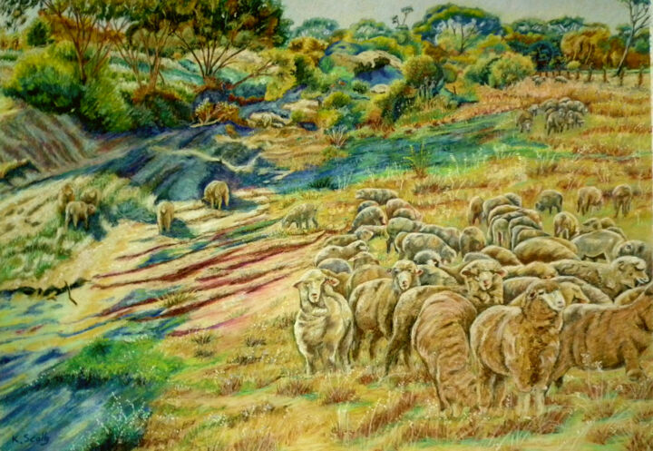 Painting titled "Sheep in the Creek…" by Scally Art, Original Artwork, Pastel