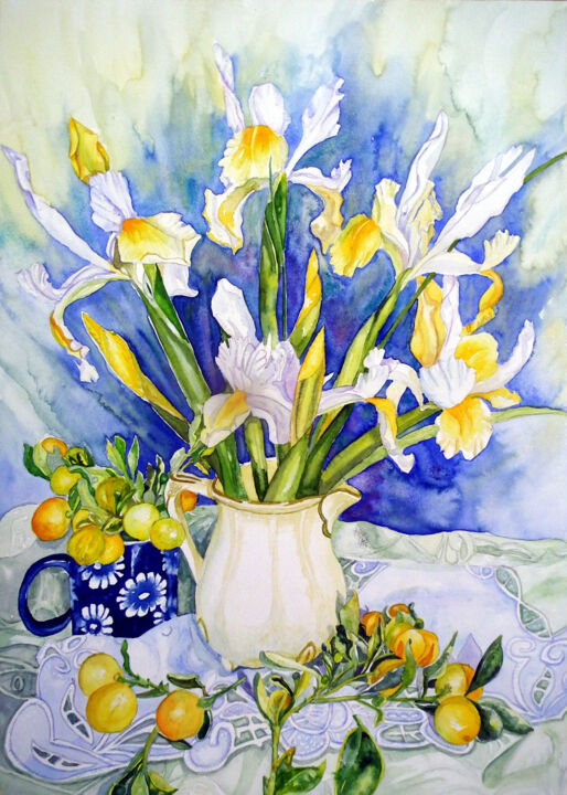 Pintura intitulada "Dutch Iris with Cum…" por Scally Art, Obras de arte originais, Aquarela