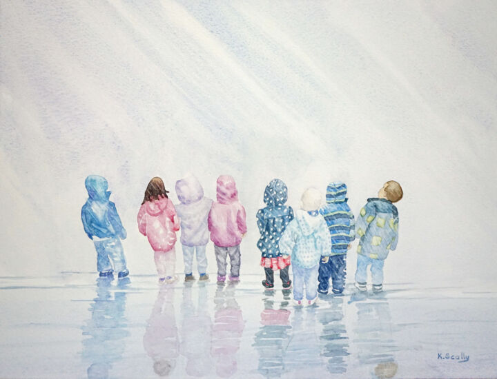 Painting titled "Children in the Rain" by Scally Art, Original Artwork, Watercolor