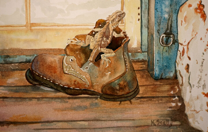 Schilderij getiteld "Old Boot and Lizard…" door Scally Art, Origineel Kunstwerk, Aquarel