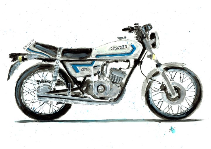 Drawing titled "Benelli 125" by Schascia, Original Artwork, Watercolor