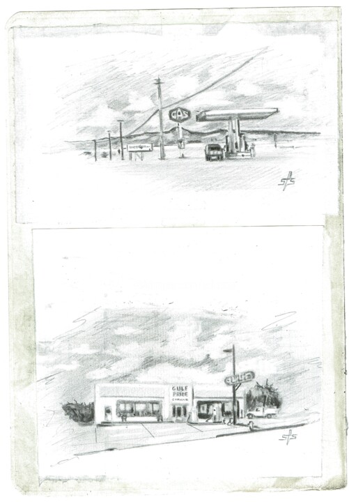 Drawing titled "Old gas stations" by Schascia, Original Artwork, Pencil