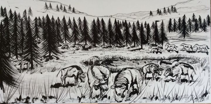 Dessin intitulée "La plaine des bisons" par Patricia Schmitzer, Œuvre d'art originale, Encre