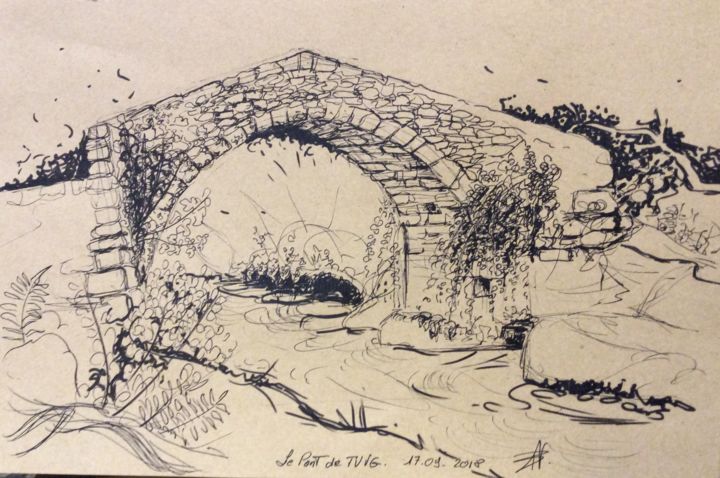 Dessin intitulée "Le pont de Tuve" par Patricia Schmitzer, Œuvre d'art originale, Crayon