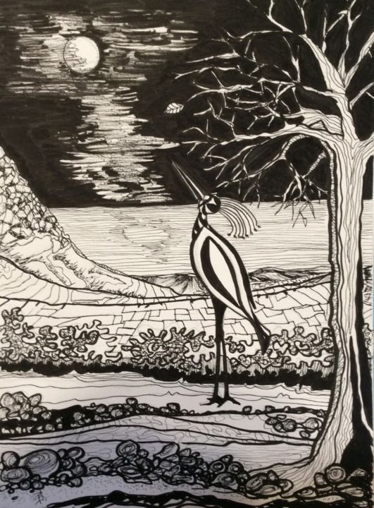 Dessin intitulée "L’oiseau lune" par Patricia Schmitzer, Œuvre d'art originale, Encre