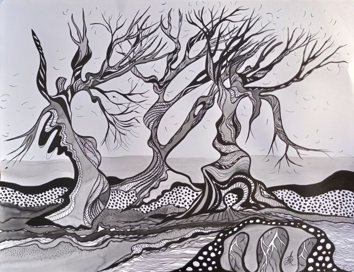 Desenho intitulada "Au delà des terres…" por Patricia Schmitzer, Obras de arte originais, Tinta
