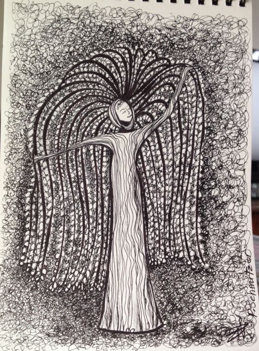 Dessin intitulée "Auprès de mon arbre…" par Patricia Schmitzer, Œuvre d'art originale, Encre