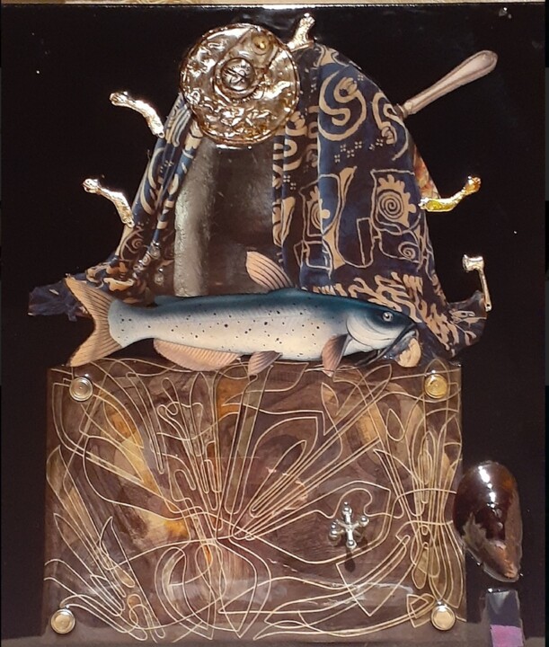 Collages intitulée "fishing" par Schoelmann, Œuvre d'art originale, Bois Monté sur Panneau de bois