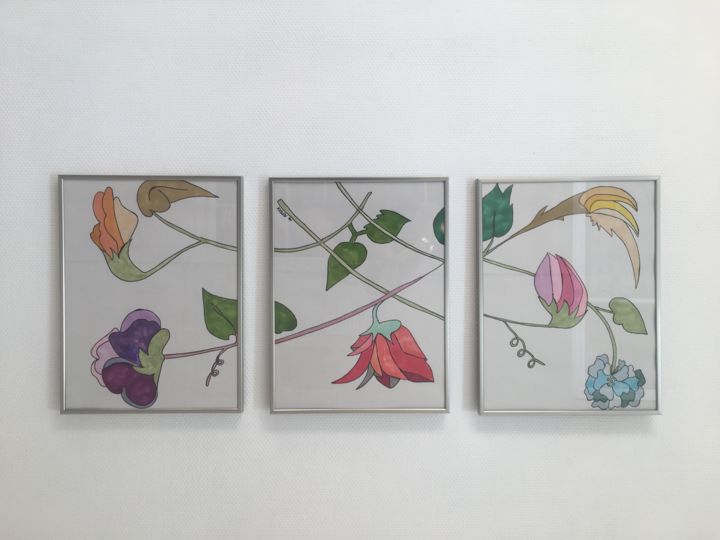 Drawing titled "Triptyque aux fleurs" by Vylou, Original Artwork, Marker