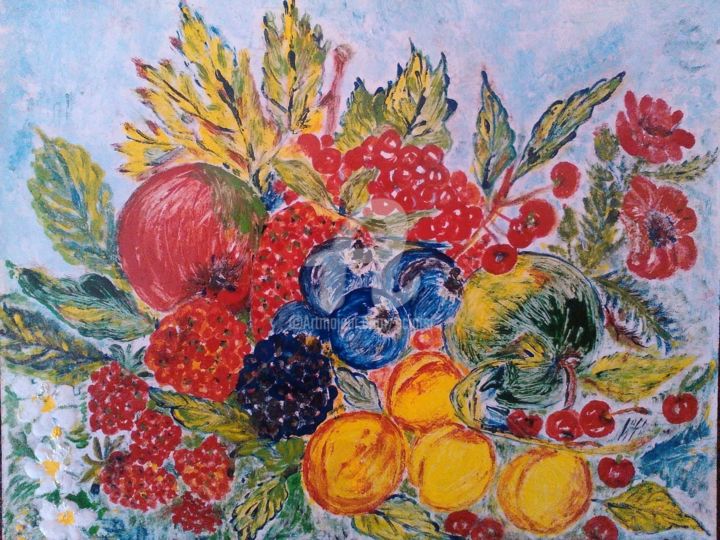 Painting titled "Corbeille de fruits" by Maria Silveria Sciarra, Original Artwork, Enamel