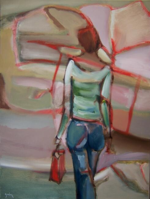 Painting titled "Blue Jeans Lady" by Scott Spencer, Original Artwork, Oil Mounted on Wood Stretcher frame