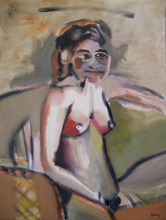 Painting titled "Girl in a Wicker Ch…" by Scott Spencer, Original Artwork, Oil Mounted on Wood Stretcher frame