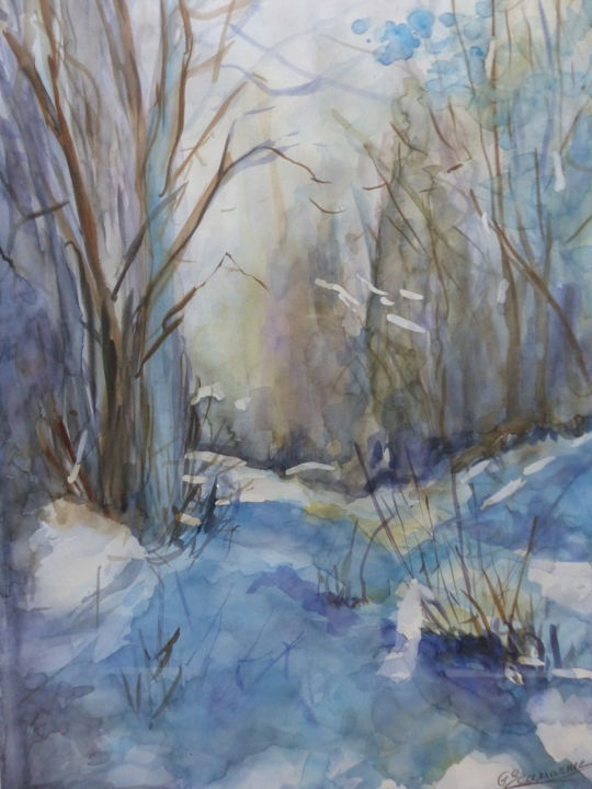 Peinture intitulée "forêt d'hiver" par Genevieve Scouarnec, Œuvre d'art originale, Aquarelle