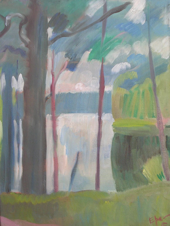 Painting titled "The lake" by Alexander Eremin, Original Art, Oil