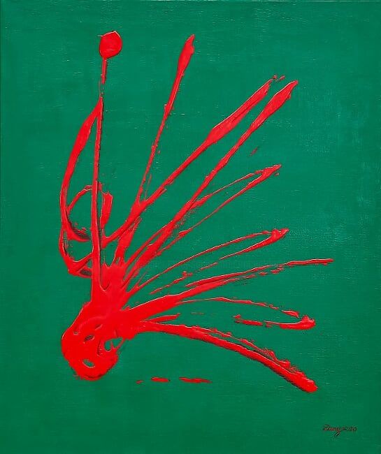 Peinture intitulée "Jet rouge vert" par Sculpeinte Concept Dany, Œuvre d'art originale, Acrylique Monté sur Châssis en bois