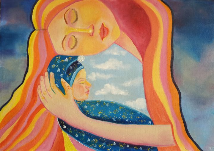 Painting titled "Maternal love" by Svitlana Duvanova, Original Artwork, Oil Mounted on Cardboard