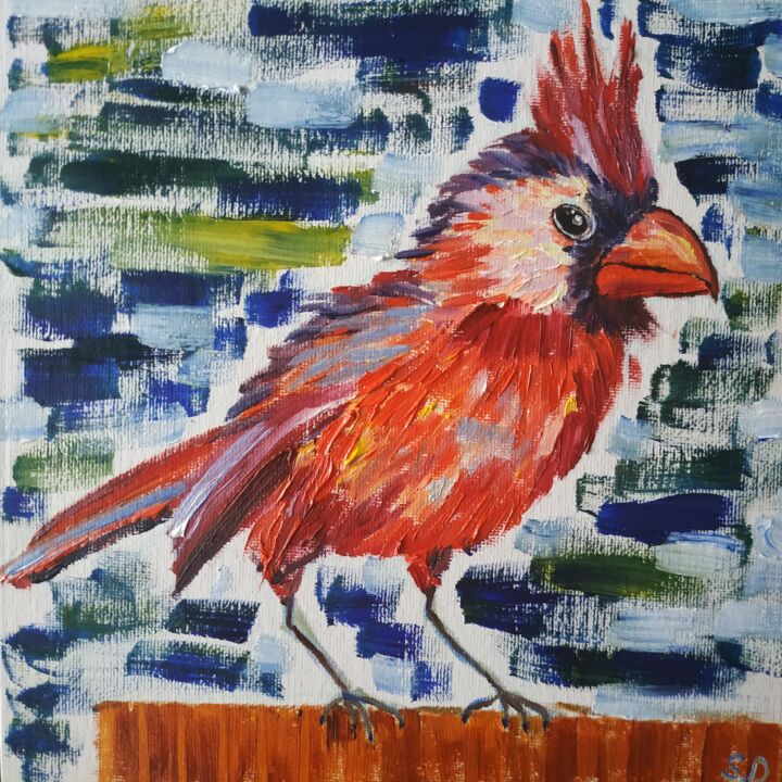 Картина под названием "Red cardinal bird,…" - Svitlana Duvanova, Подлинное произведение искусства, Масло Установлен на картон