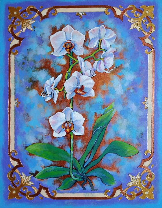 Painting titled "White orchid" by Helen Suslova, Original Artwork, Oil
