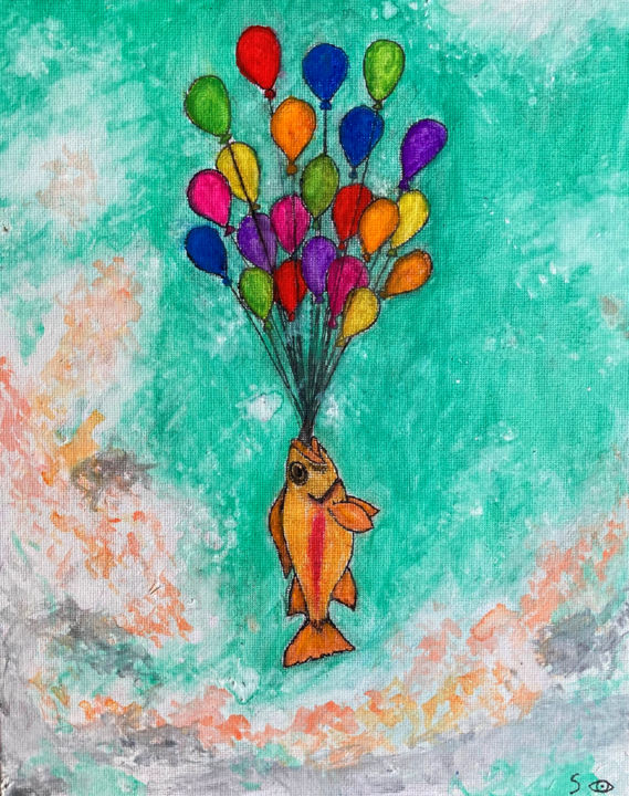 Malerei mit dem Titel "Adventure Fish" von Sage Stanley, Original-Kunstwerk, Gouache