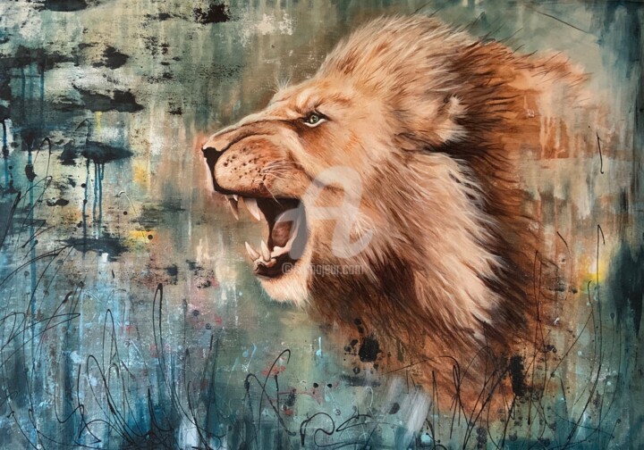Schilderij getiteld "Lion 1" door Sébastien Béliveau, Origineel Kunstwerk, Acryl Gemonteerd op Frame voor houten brancard