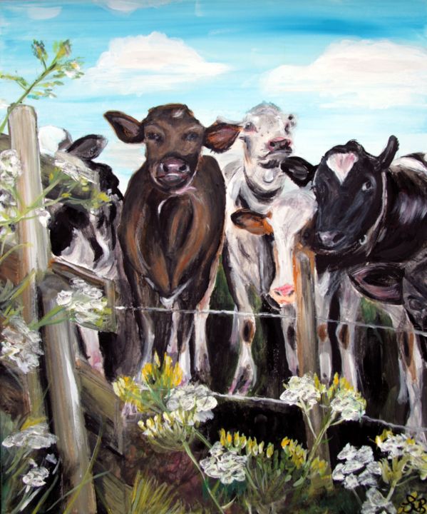 Painting titled "group of cows behin…" by Bas Van Bemmel, Original Artwork, Gouache