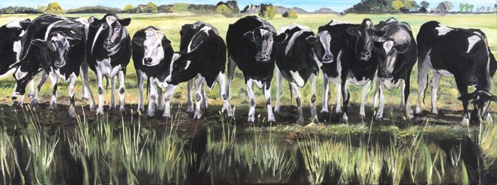 Painting titled "Dutch cows in a row" by Bas Van Bemmel, Original Artwork, Gouache