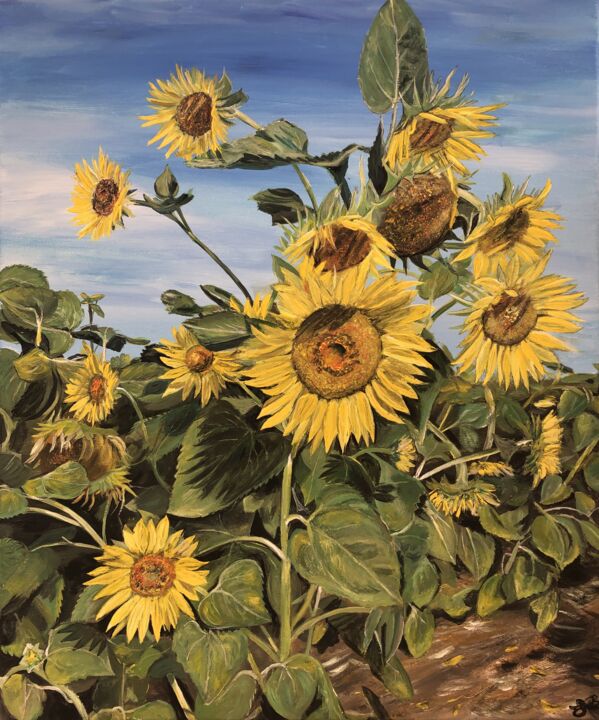 Painting titled "Sunflowers in field…" by Bas Van Bemmel, Original Artwork, Gouache