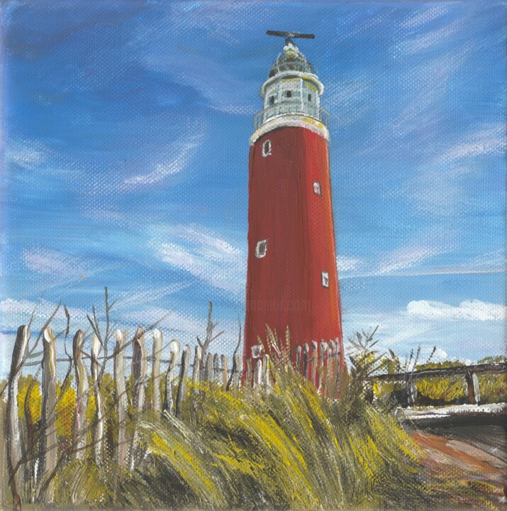 Pittura intitolato "Red lighthouse isla…" da Bas Van Bemmel, Opera d'arte originale, Gouache