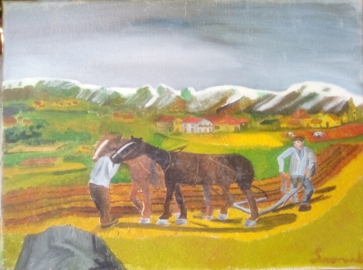 Painting titled "Aratro Naif" by Sebastiana Grazia Leonardi, Original Artwork, Oil Mounted on Wood Panel