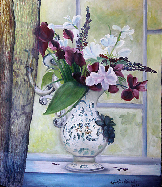 Painting titled "Vaso branco de flor…" by Sebastian Fernandes, Original Artwork, Oil