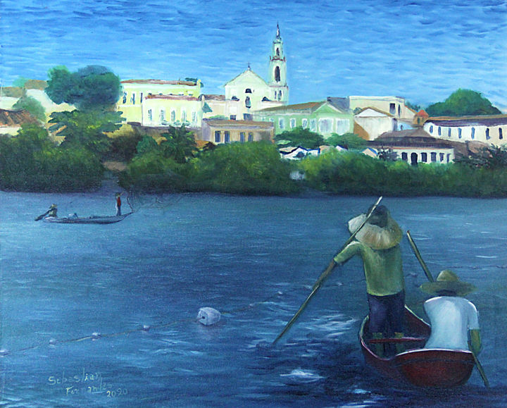Malerei mit dem Titel "Pescadores no Rio S…" von Sebastian Fernandes, Original-Kunstwerk, Öl