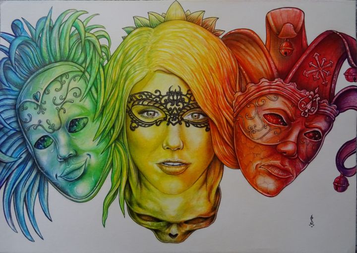 Painting titled "masques-w.jpg" by Sébastien Cheval, Original Art, Acrylic