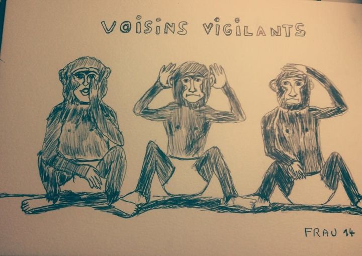 Drawing titled "Voisins vigilants" by Sébastien Frau, Original Artwork, Ballpoint pen