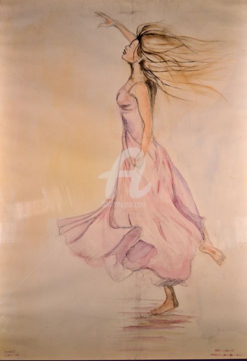 Peinture intitulée "La dame en robe rose" par Sebastien Tomasi, Œuvre d'art originale, Aquarelle