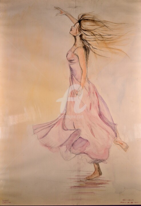 Malerei mit dem Titel "La dame en robe rose" von Sebastien Tomasi, Original-Kunstwerk, Aquarell