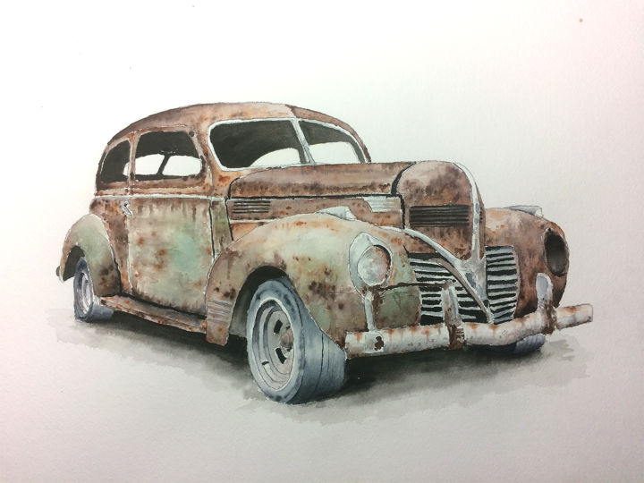 Painting titled "Chevrolet rusty" by Sébastien Vinolo, Original Artwork, Watercolor
