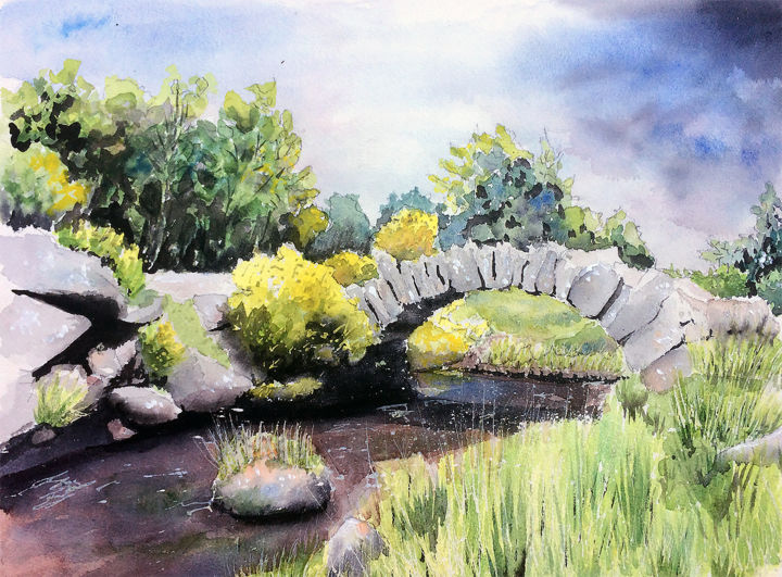 Painting titled "Pont en lozère" by Sébastien Vinolo, Original Artwork, Watercolor