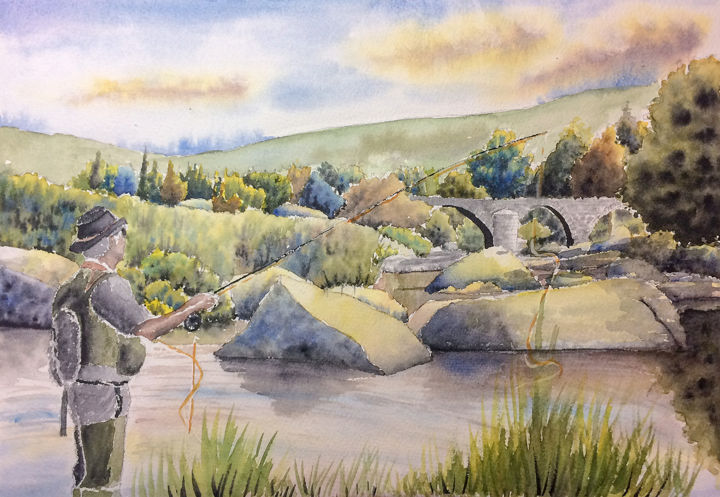 Painting titled "Pêche a la truite" by Sébastien Vinolo, Original Artwork, Watercolor