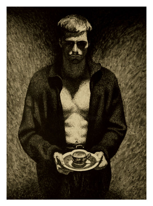 Peinture intitulée "The Man with the cup" par Nikolai Sednin (Nicolas Sednin), Œuvre d'art originale, Encre