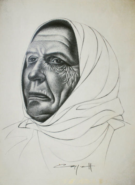 Desenho intitulada "Portrait of old wom…" por Nikolai Sednin (Nicolas Sednin), Obras de arte originais, Grafite