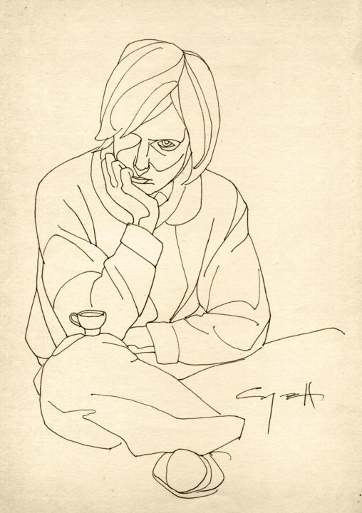 Drawing titled "Dreamy Oleg" by Nikolai Sednin (Nicolas Sednin), Original Artwork, Ink