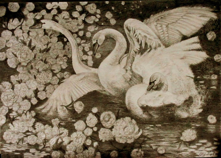 Disegno intitolato "Лебеди" da Aleksandr Zhuravliov, Opera d'arte originale, Altro