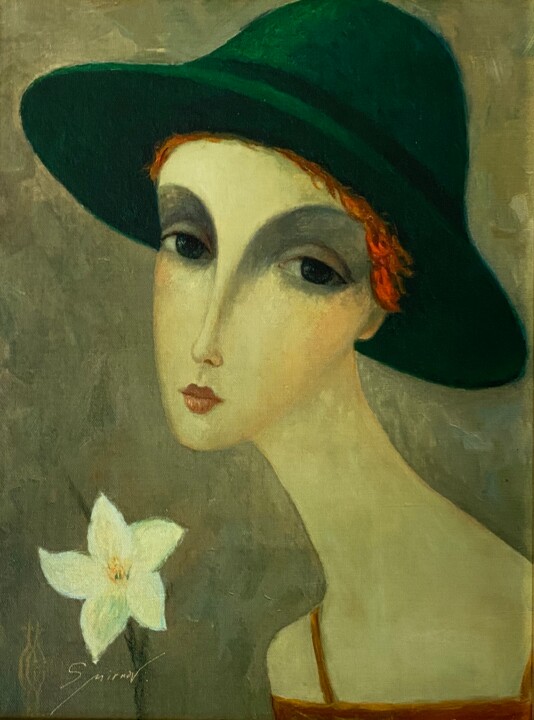 Schilderij getiteld "Natalia" door Segueï Smirnov, Origineel Kunstwerk, Zeefdruk Gemonteerd op Frame voor houten brancard