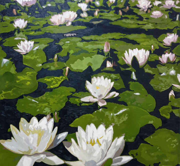 Drawing titled "white lotus" by Sehran Dilmaç, Original Artwork, Oil Mounted on Wood Stretcher frame