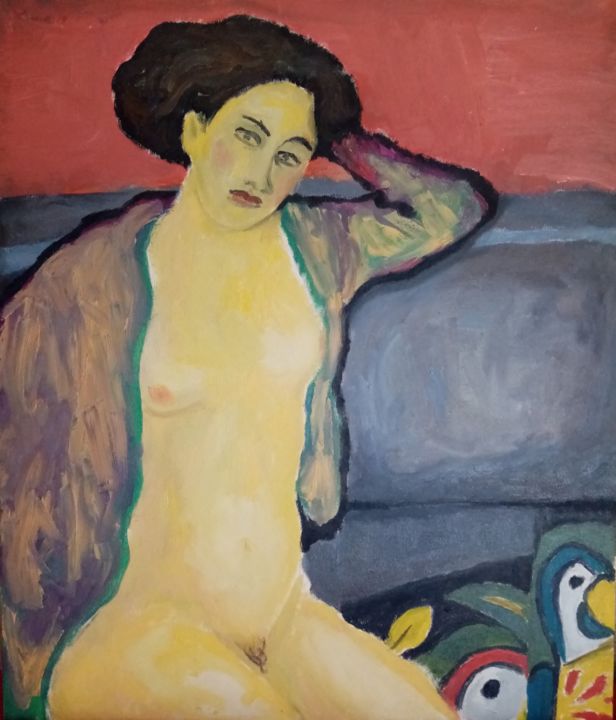 Peinture intitulée "Nude on sofa (self-…" par Selenia Bosso, Œuvre d'art originale, Huile Monté sur Châssis en bois