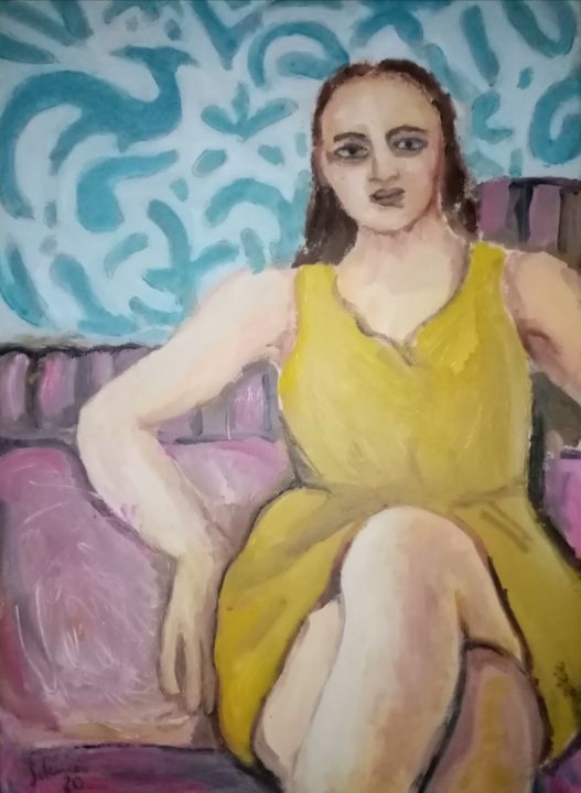 Peinture intitulée "Yellow dress" par Selenia Bosso, Œuvre d'art originale, Huile Monté sur Châssis en bois