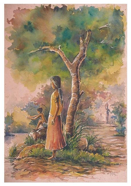 Painting titled "Village kids near w…" by Selva, Original Artwork, Watercolor