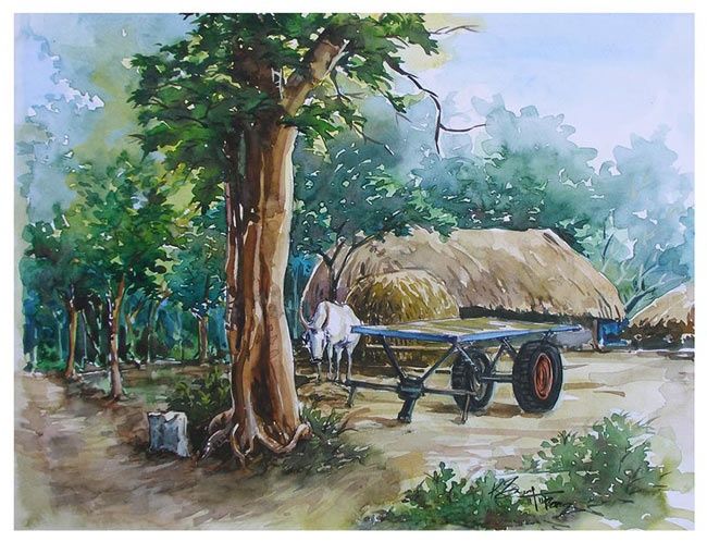 South Indian Village House Backyard Selva South Indian Village House Backyard Painting 13x10 In 2002 By Selva