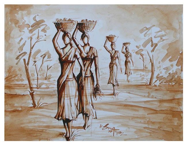 Indian Village women - Painting, 13x10 cm ©2002 by selva -